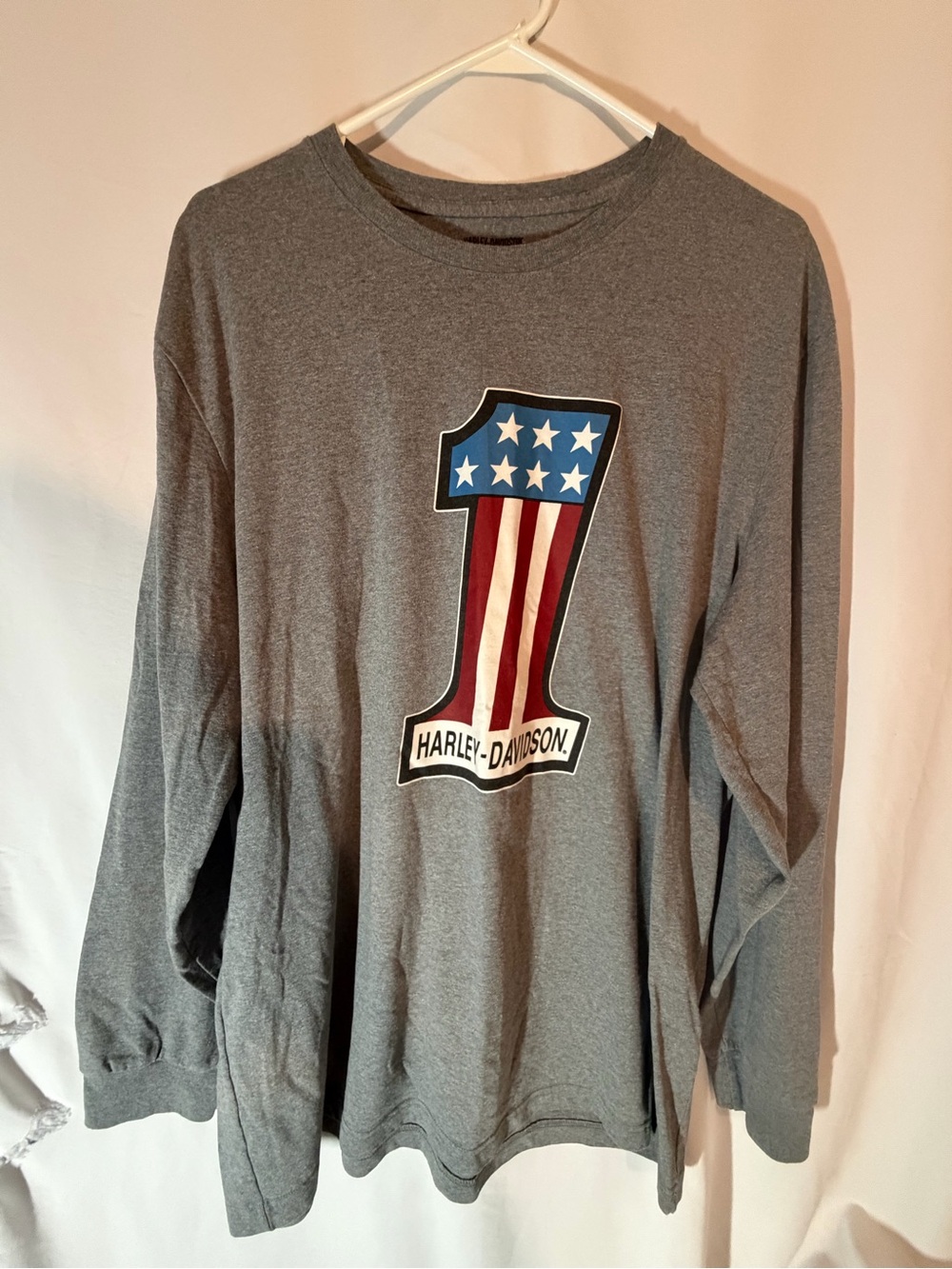 Harley Davidson Men’s 2XL Long Sleeve Shirt Gray #1 American Flag Patriotic Tee